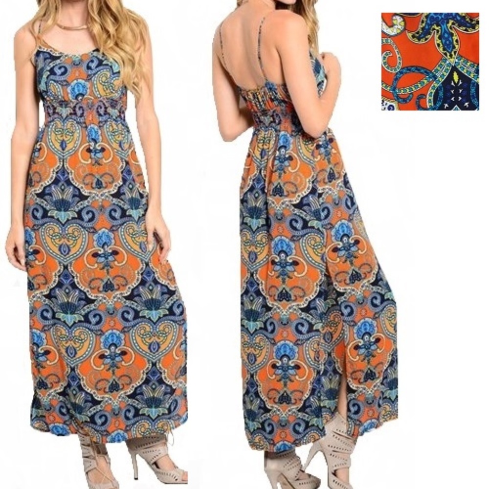 Womens Orange & Blue Paisley Side Slit Maxi Dress
